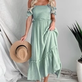 Chic sage green backless midi dress with smocked bodice and layered ruffle skirt - S / Sage Green
