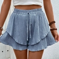 Lichtblauwe gelaagde ruffleshort met elastische taille en trekkoord van structuurstof - Lichtblauw