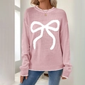 Chic pink knit sweater with white bow jacquard and contrasting trim for women - S / Pink