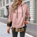 Pink layered hoodie with vintage plaid splicing and adjustable drawstrings for women - S / Pink
