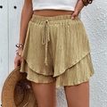 Mosterdgele gelaagde ruffleshort met hoge elastische taille en trekkoord voor de zomer - Khaki