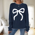 Dark blue knitted sweater for women featuring a large white bow pattern and wavy stitching - S / Navy Blue