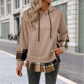 Women's khaki faux two-piece hoodie with plaid spliced sleeves and irregular hem - S / Khaki