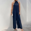 Elegant navy blue halter neck wide leg jumpsuit for women with smooth satin finish - S / Navy Blue