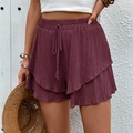 Deep burgundy textured leisure shorts for women with elastic waist and drawstring - Brick Red