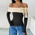 Women's off-shoulder long sleeve top with contrast bow detail and slim fit design - S / Black and Beige Spliced