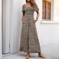 Floral square neck jumpsuit with smocked bodice and puff sleeves wide leg style - S / Apricot