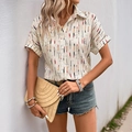 Women's short sleeve shirt with colorful abstract brushstroke print and button-up lapel - S / White