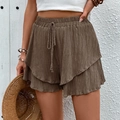Brown high-waisted shorts with double-layered ruffles and elastic drawstring waist - Coffee Brown