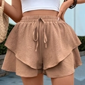 Khaki high waisted ruffled shorts with textured fabric and drawstring for summer - XL / Coffee Brown