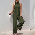 Army green halter neck wide leg jumpsuit for women with backless tie design for summer - S / Army Green
