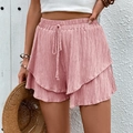 Women's summer layered casual shorts in rose pink with textured fabric and drawstring waist - Pink