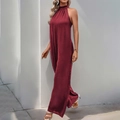Deep red halter neck sleeveless wide-leg jumpsuit with elegant draping for women - S / Burgundy