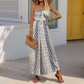 Close-up of bohemian strapless jumpsuit with geometric blue and brown floral patterns - S / Blue