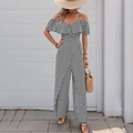 Summer black and white striped off-shoulder wide leg jumpsuit with ruffle details - S / Black