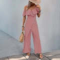Women's red and white vertical striped wide-leg jumpsuit with ruffled straps for summer - S / Burgundy
