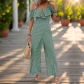 Summer green and white striped off-shoulder wide-leg jumpsuit with ruffle detail - S / Green