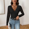 Body de encaje negro ajustado con manga larga, escote en V pronunciado y texturas florales - S / Negro