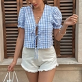 Women's blue gingham summer shirt with puff sleeves and bow tie front closure - S / Blue