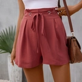 High-waisted paperbag waist casual shorts in deep brick red with a matching drawstring belt - Redwood