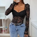 Slim fit black lace long sleeve bodysuit with square neck and floral see-through patterns - S / Black