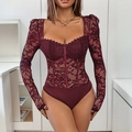 Elegant wine red lace bodysuit with square neck and corset-style boning detail - S / Burgundy