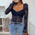 Elegant navy blue long sleeve lace bodysuit featuring corset structure and sweetheart neck - S / Navy Blue