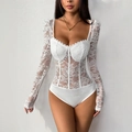 White long sleeve lace bodysuit with square neckline and floral transparent mesh detailing - S / White
