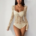 Elegant beige lace long sleeve bodysuit with square neck and floral see-through details - Apricot