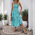 Summer tiered long dress in bright blue floral print with smocked bodice design - Teal