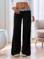 Damen-Hose mit weitem Bein in Schwarz und umklappbarem Bund mit Leopardenmuster-Print - L / Schwarz