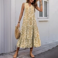 Ärmelloses Boho-Maxikleid mit V-Ausschnitt und gelbem Ethno-Blumendruck im Lagenlook - S / Senfgelb