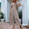 Floral square neck jumpsuit with puff sleeves and smocked bodice for summer vacation - S / Pink