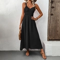 Elegant black sleeveless V-neck maxi dress with smocked waist and textured fabric - S / Black