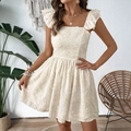 Chic cream white mini dress with textured floral fabric and ruffle cap sleeves - S / Apricot
