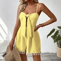 Yellow waffle textured playsuit with bow and tassel hem for summer resort style - Yellow