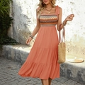 Bohemian summer midi dress with coral tiered skirt and ethnic patterned strap bodice - S / Orange