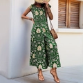 Vintage green floral wide-leg jumpsuit with leaf print and round neck design - Green