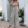 Blumen-Jumpsuit mit eckigem Ausschnitt, Puffärmeln, Smoke-Taille und weitem Bein - XL / Blau