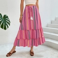 Pink bohemian maxi skirt with colorful stripes and tassel drawstring waist detail - S / Rose Red