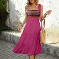 Summer bohemian rose red midi dress with ethnic embroidery and tiered skirt - S / Rose Red