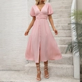 Pink textured V-neck midi dress with puff sleeves and front slit detail for summer - S / Pink
