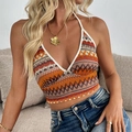 Top corto in maglia con scollo all'americana da donna con motivi a onde e scollo a V profondo - S / Arancione Bruciato