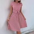 Elegant summer dress with short sleeves, red geometric print and waist tie-up belt - XL / Dresses / Red