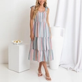 Rainbow stripe tiered maxi dress with bow tie straps and smocked bodice detail - S / Green