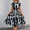 Women's summer pleated dress with black and white abstract print and waist belt - M / Dresses / Black and White