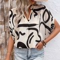 Summer V-neck pullover shirt for women featuring abstract geometric prints and batwing sleeves - S / Apricot