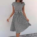 Short sleeve pleated dress with black and white geometric chain print and waist tie belt - S / Dresses / Black