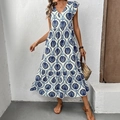 Abito lungo senza maniche con stampa paisley blu, scollo a V e gonna a balze - S / Blu