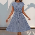 Elegant blue and white geometric print short sleeve pleated dress with a matching waist tie - S / Dresses / Navy Blue